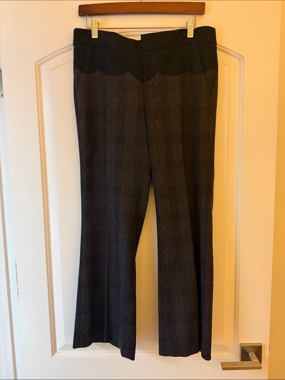 Anthropologie Elevenses Plaid Trousers with Lace Waistband, Size 8
